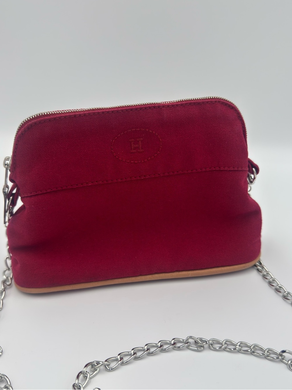 Hermes Red Bolide Canvas & Leather Pouch with Unbranded Silver Chain